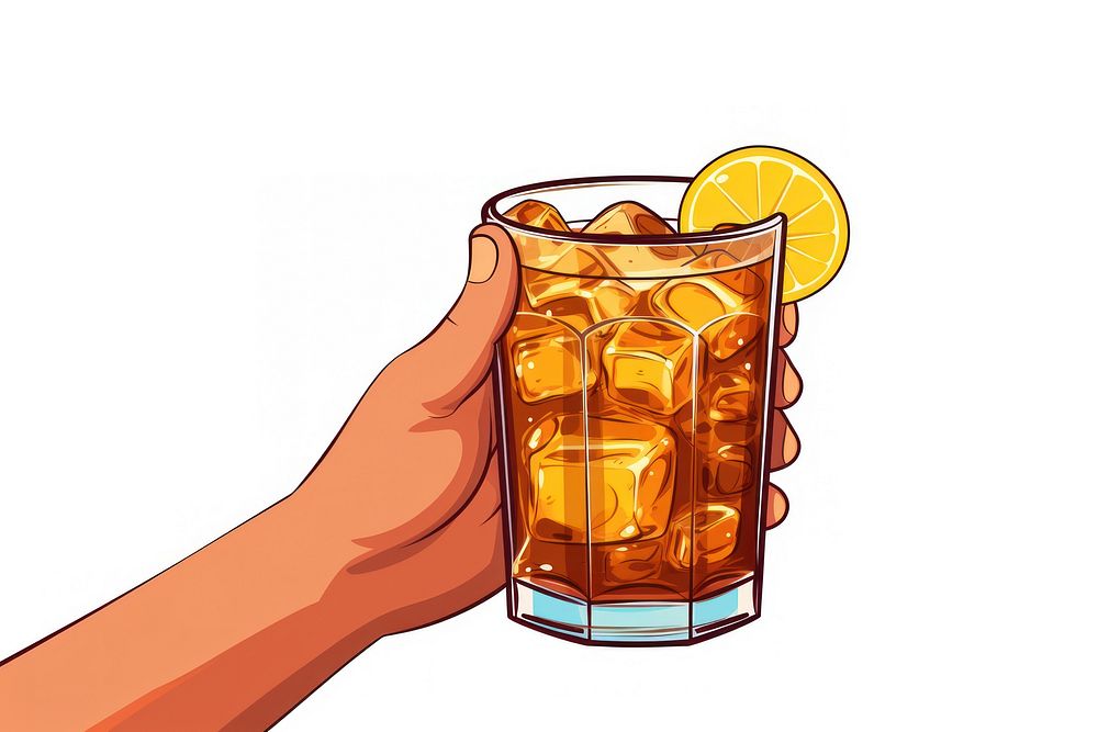 Human hand holding glass of iced tea drink white background refreshment.