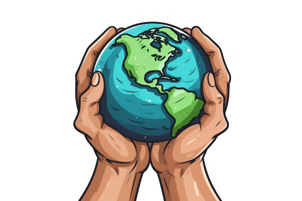 Human hand holding earthx cartoon sphere planet.