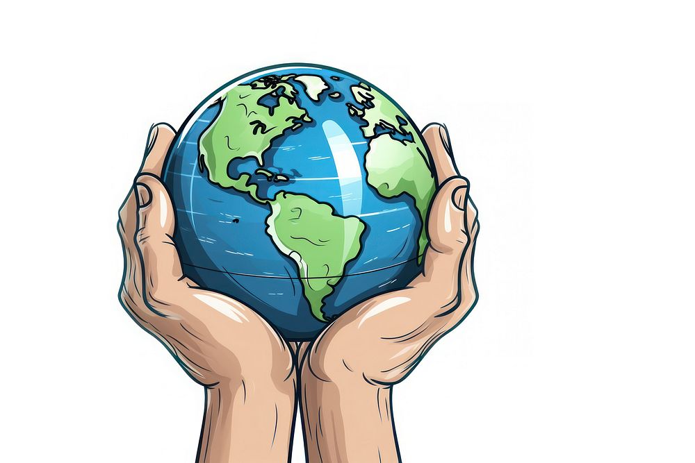 Human hand holding earth cartoon planet globe.