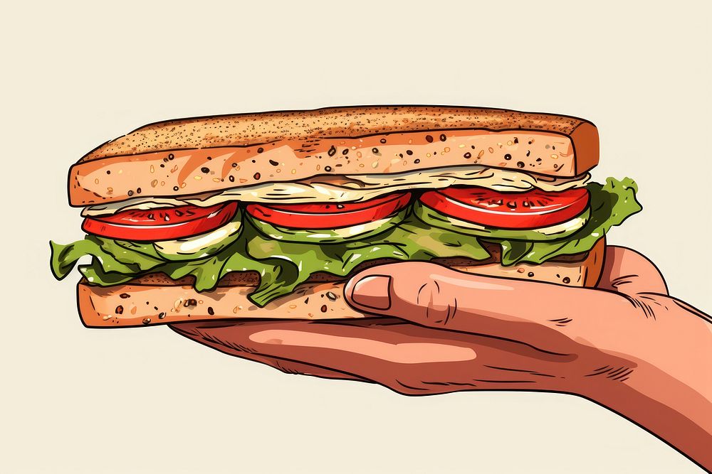 Human hand holding sandwich food hamburger vegetable.