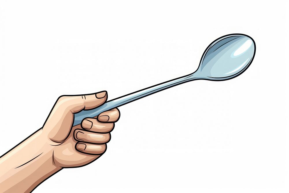 Human hand holding spoon white background silverware tableware.