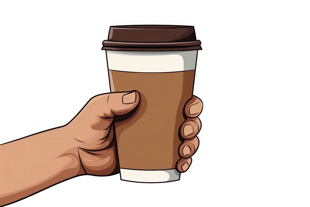 Human hand holding paper coffe cup cartoon coffee drink.