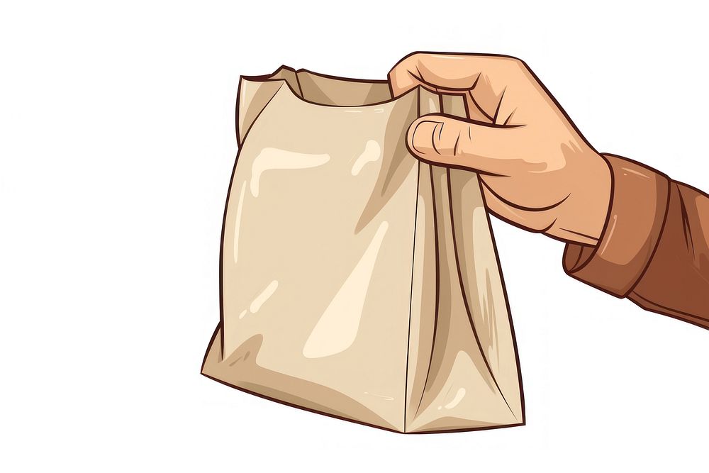 Human hand holding paper bag plastic cartoon white background.