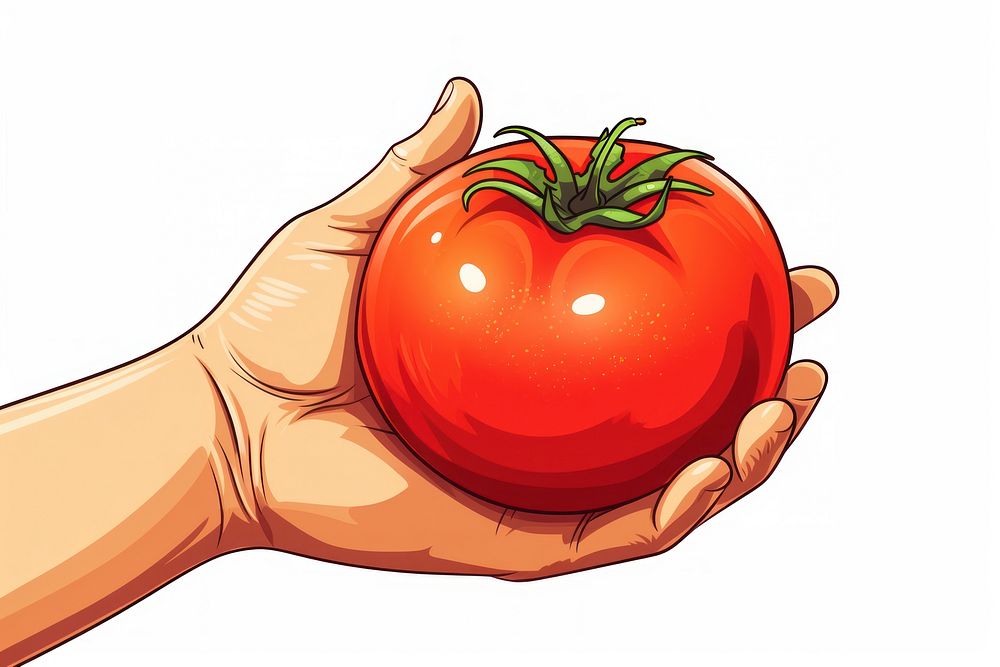 Human hand holding tomato vegetable cartoon plant.