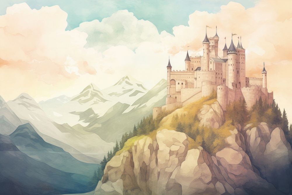Illustration of castle on mountain painting architecture building.