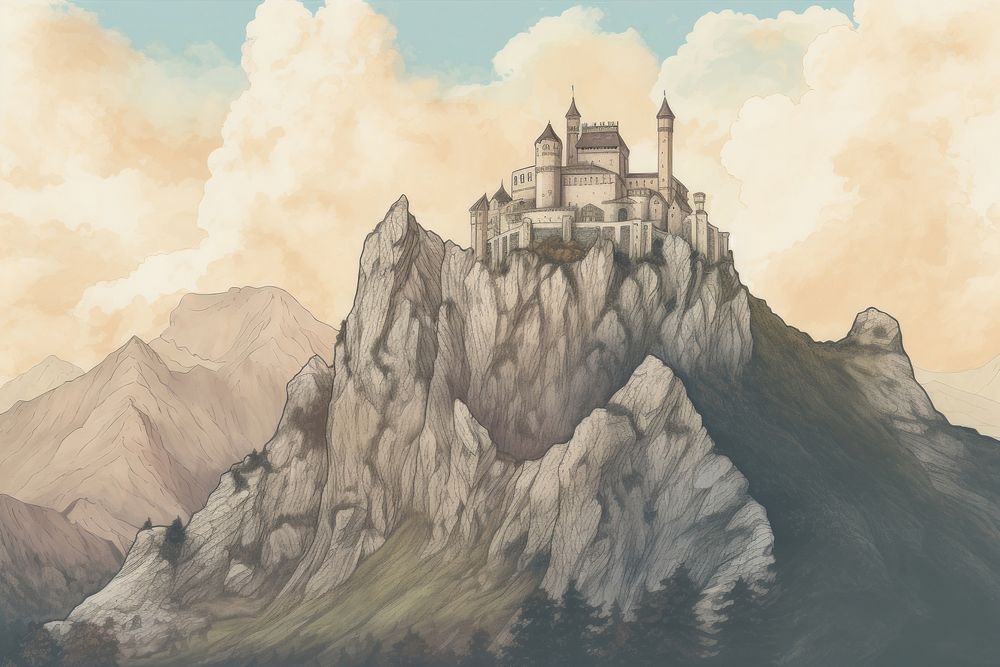 Illustration of castle on mountain architecture landscape building.