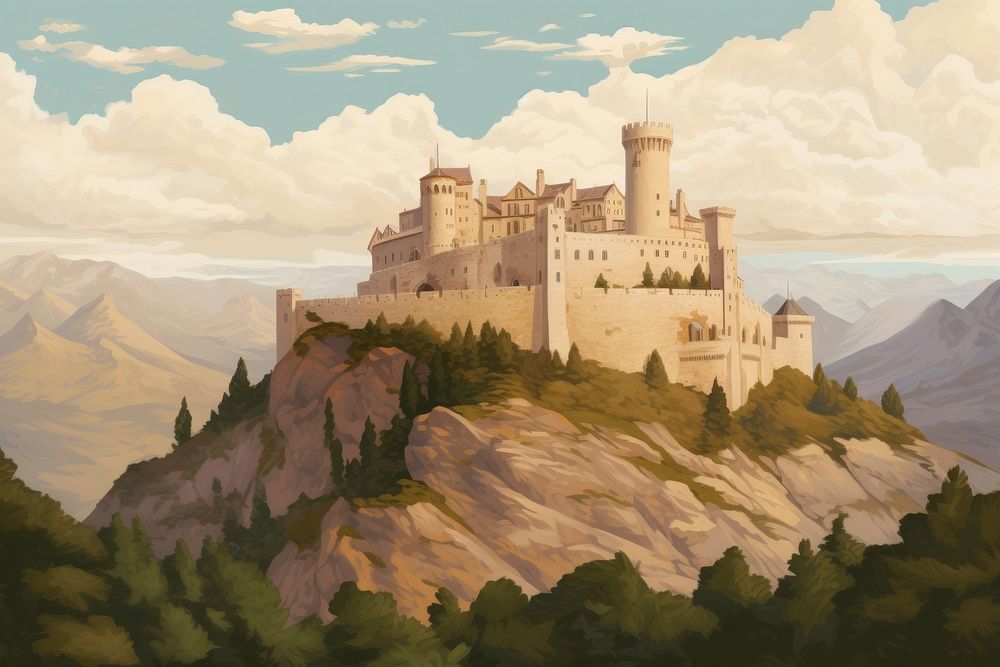 Illustration of castle on mountain architecture building painting.