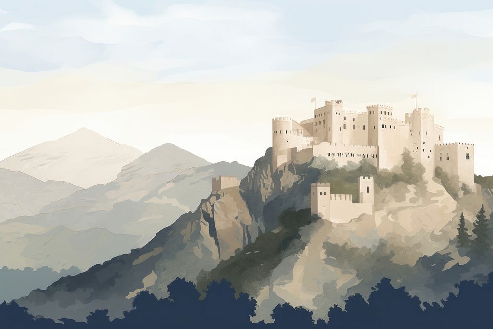 Illustration of castle on mountain architecture building fortification.