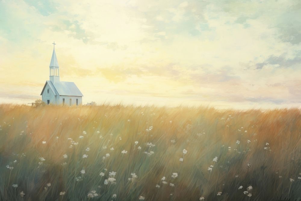 Illustration of church on feild painting architecture grassland.