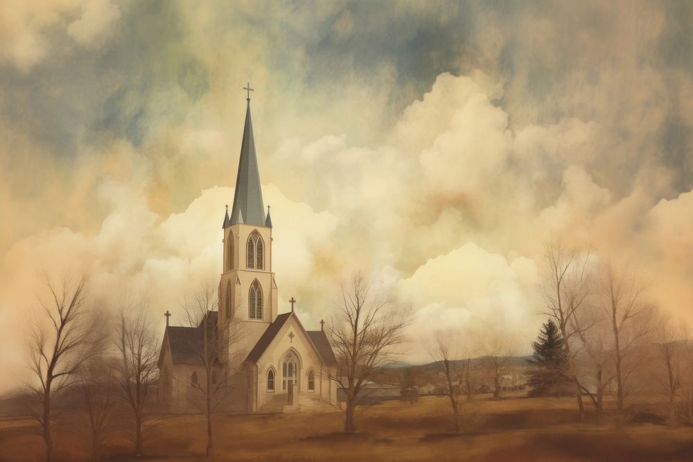 Illustration of church on town painting architecture building.
