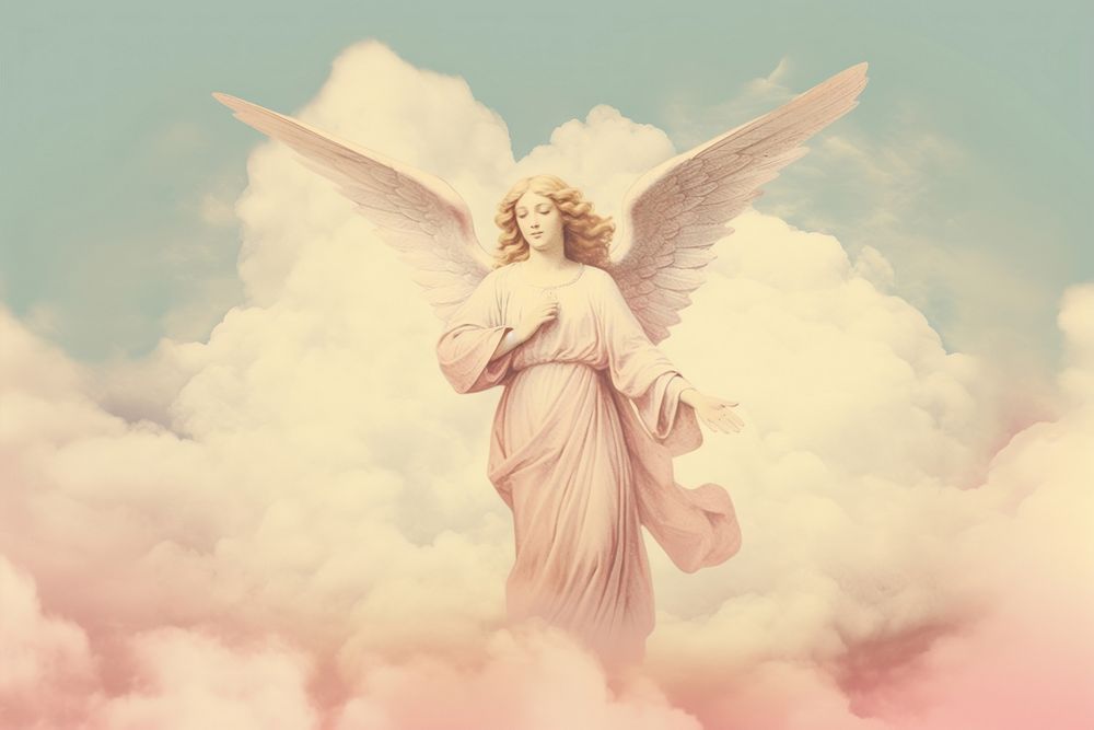 Illustration of angel on cloud representation spirituality architecture.