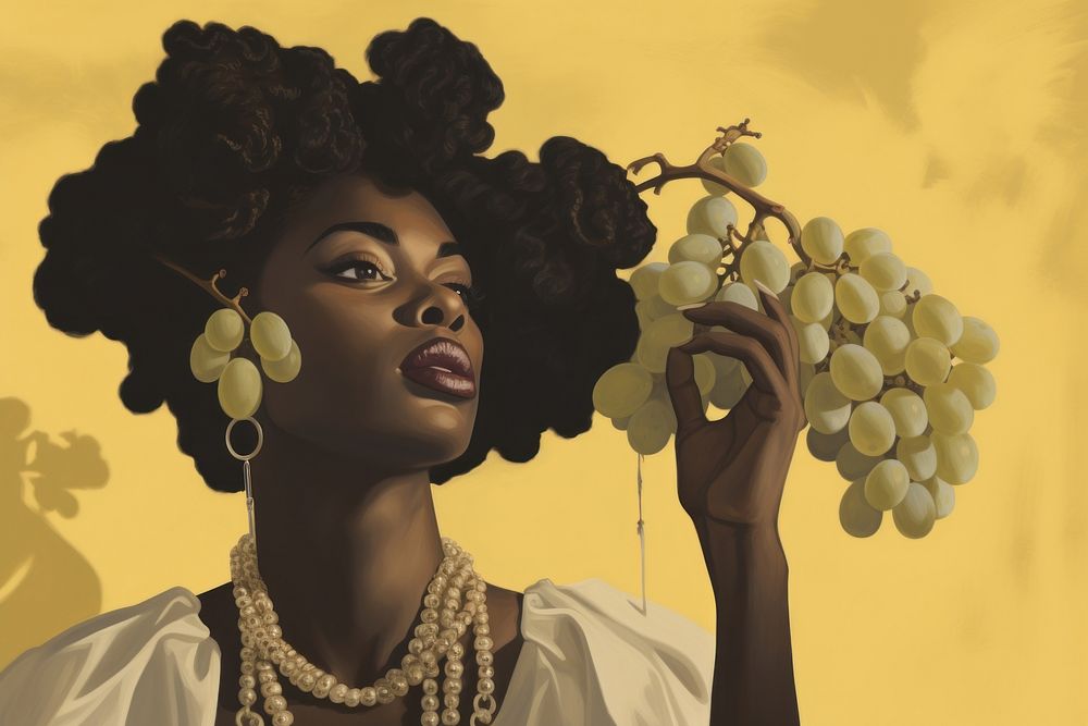 Illustration of black woman eat grapes necklace portrait painting.