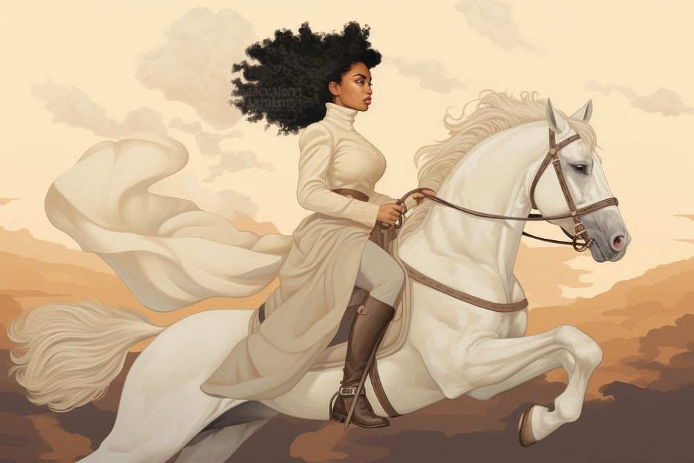 Illustration of black woman ride horse animal mammal adult.