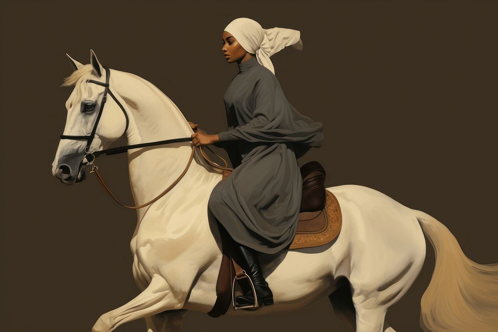 Illustration of black woman ride horse painting mammal animal.