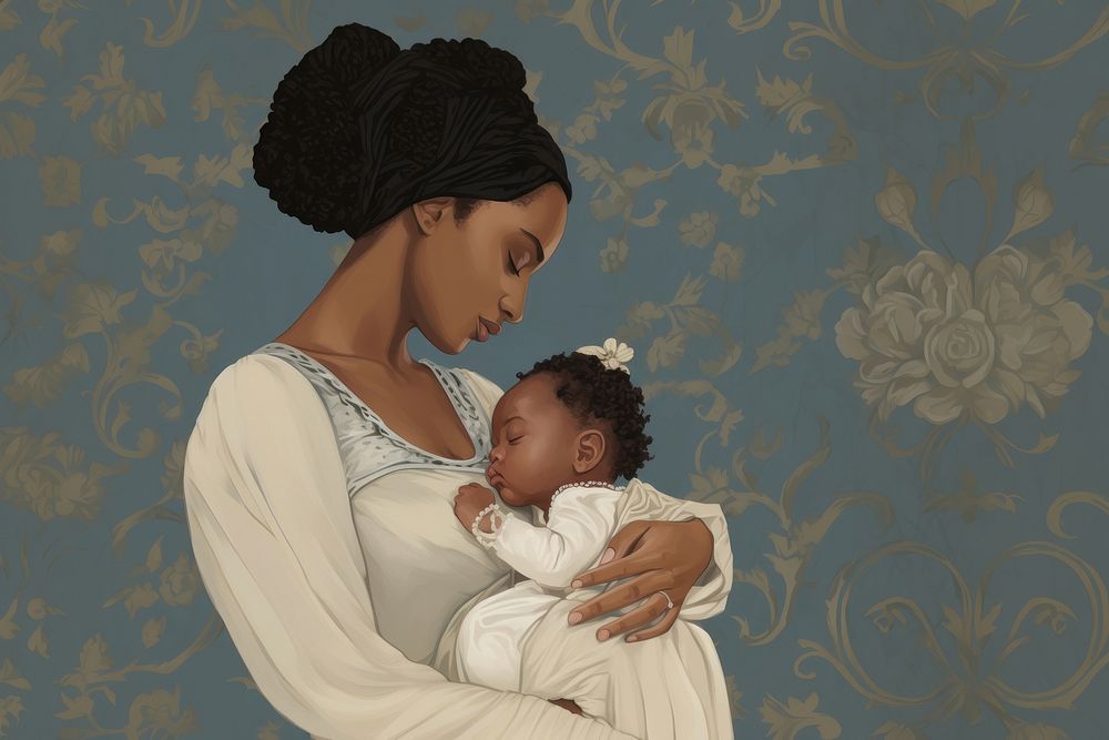 Illustration of black woman with baby art portrait newborn.