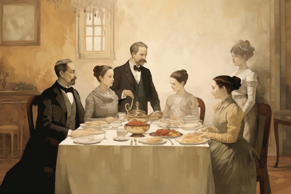 Illustration of family dinner painting architecture restaurant.