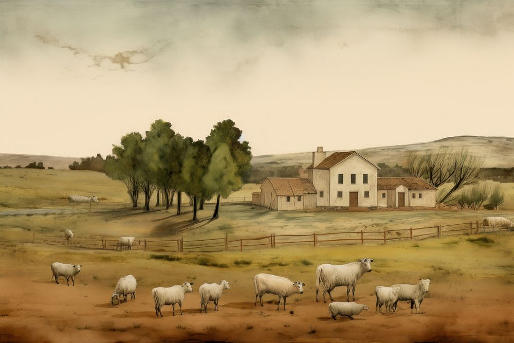 Illustration of farm painting landscape grassland.