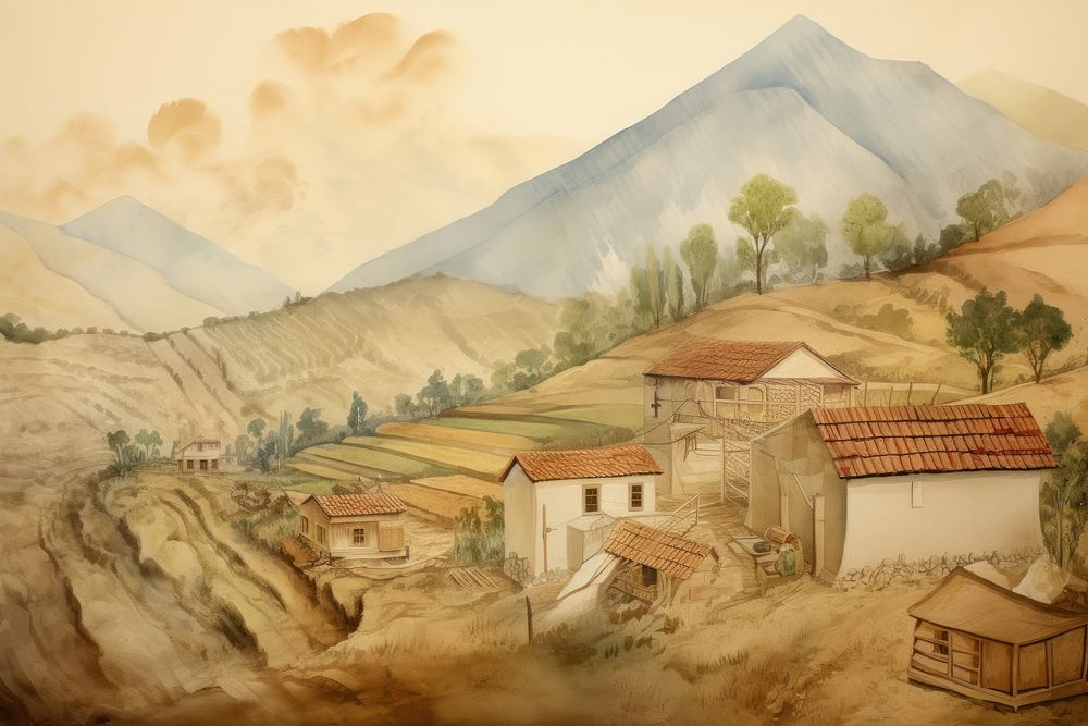Illustration of farm on mountain painting architecture landscape.