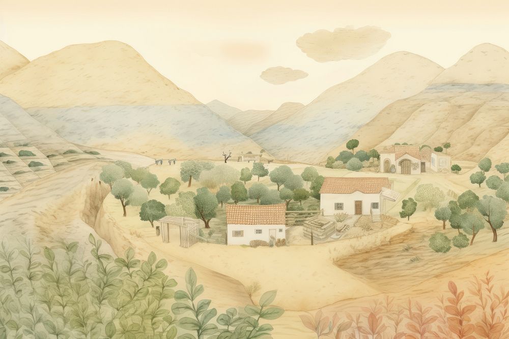 Illustration of farm on mountain painting art architecture.