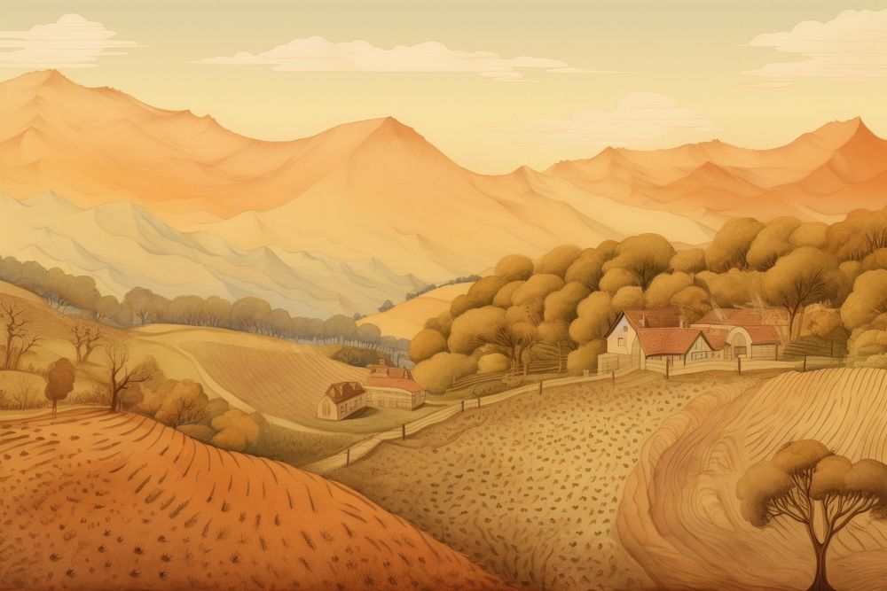 Illustration of farm on mountain landscape outdoors painting.