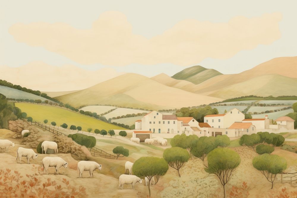 Illustration of farm on mountain landscape outdoors painting.