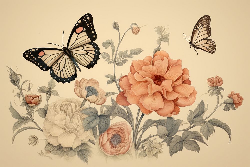 Illustration of flowers with butterfly painting pattern animal.