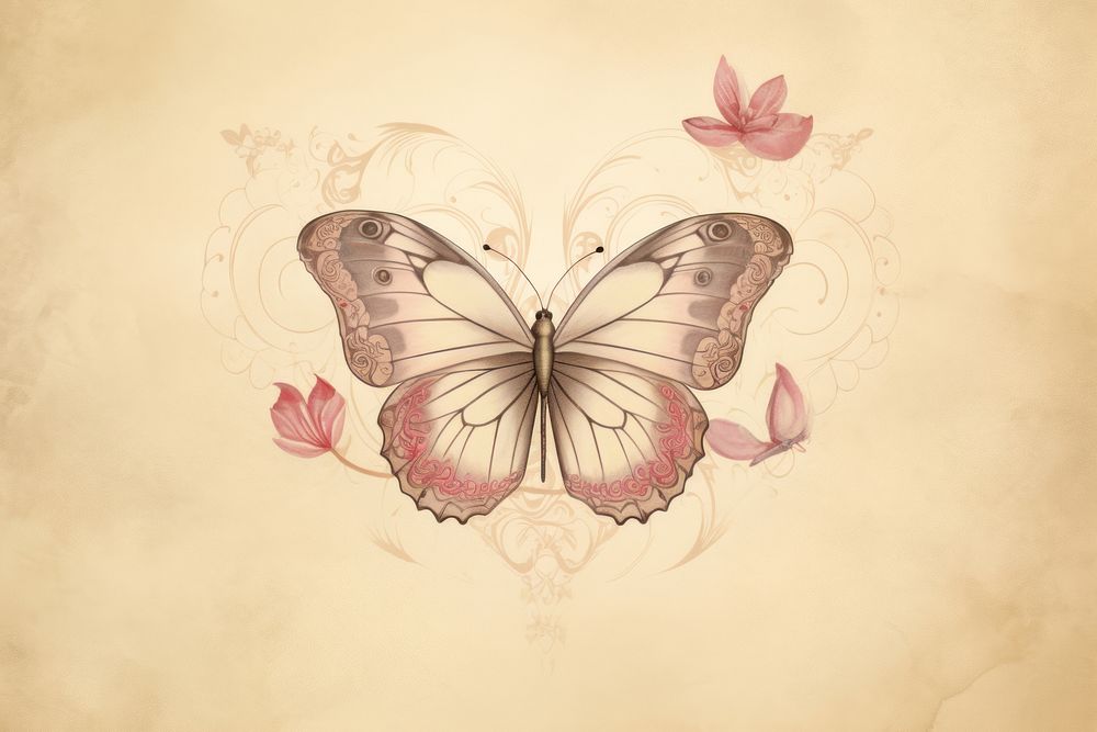 Illustration of heart with butterfly painting pattern drawing.