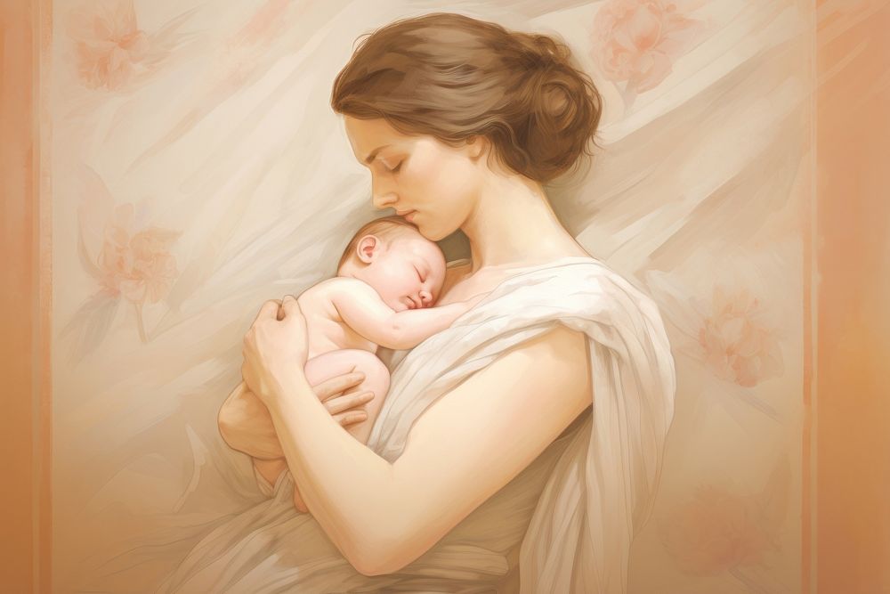 Illustration of mother with baby portrait newborn art.