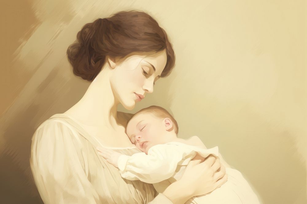 Illustration of mother with baby portrait newborn togetherness.