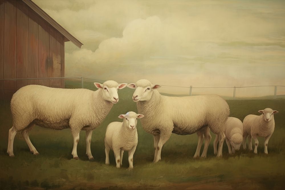 Illustration of sheep in farm livestock outdoors painting.