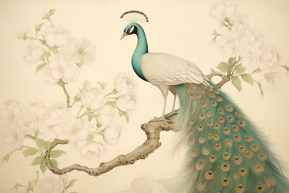 Illustration of peacock with flower painting art animal.