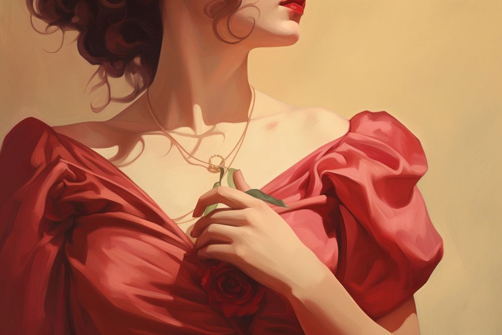 Illustration of red woman holding rose painting necklace jewelry.