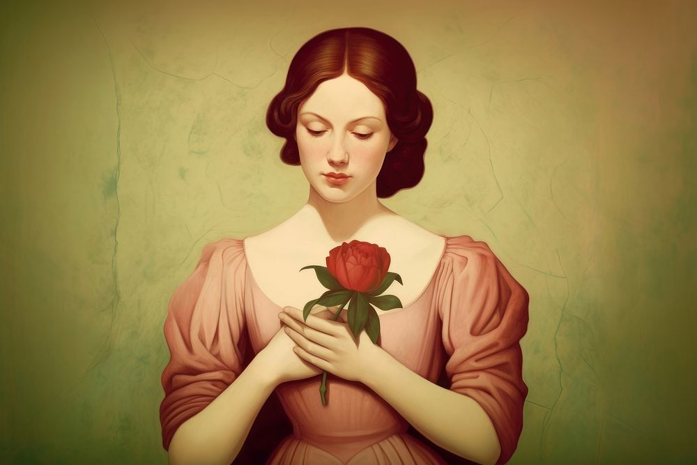 Illustration of red woman holding rose painting art portrait.