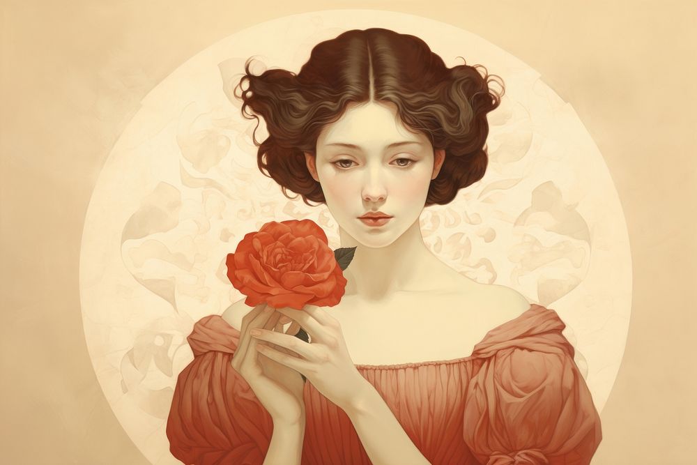 Illustration of red woman holding rose art portrait painting.