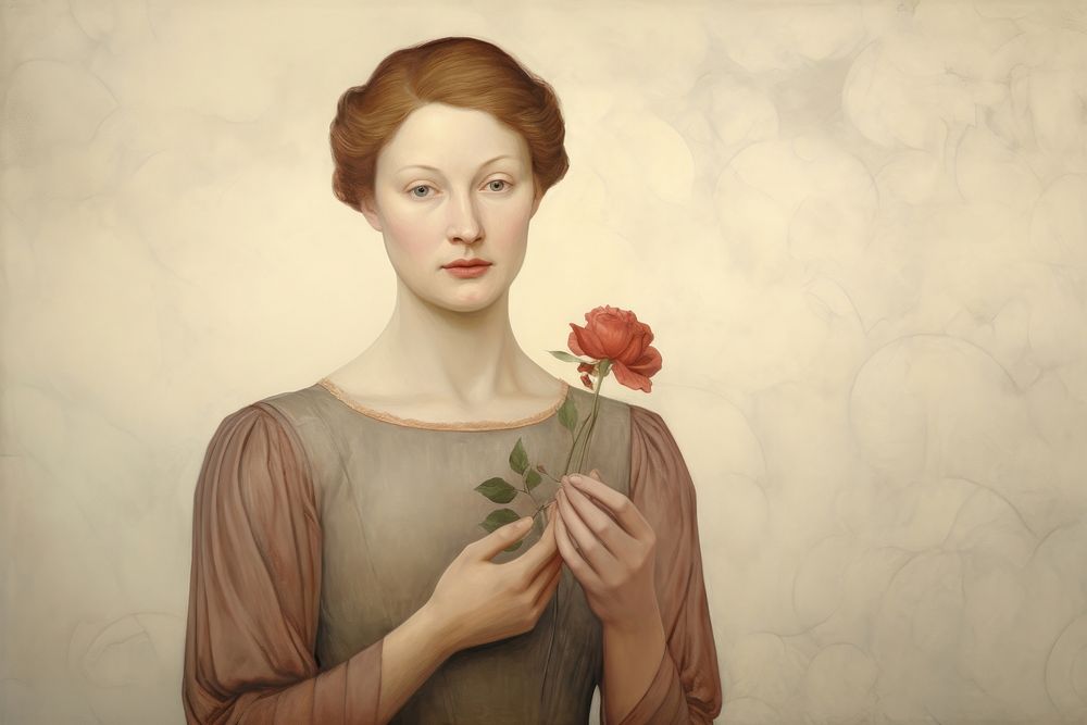Illustration of red woman holding rose painting art portrait.