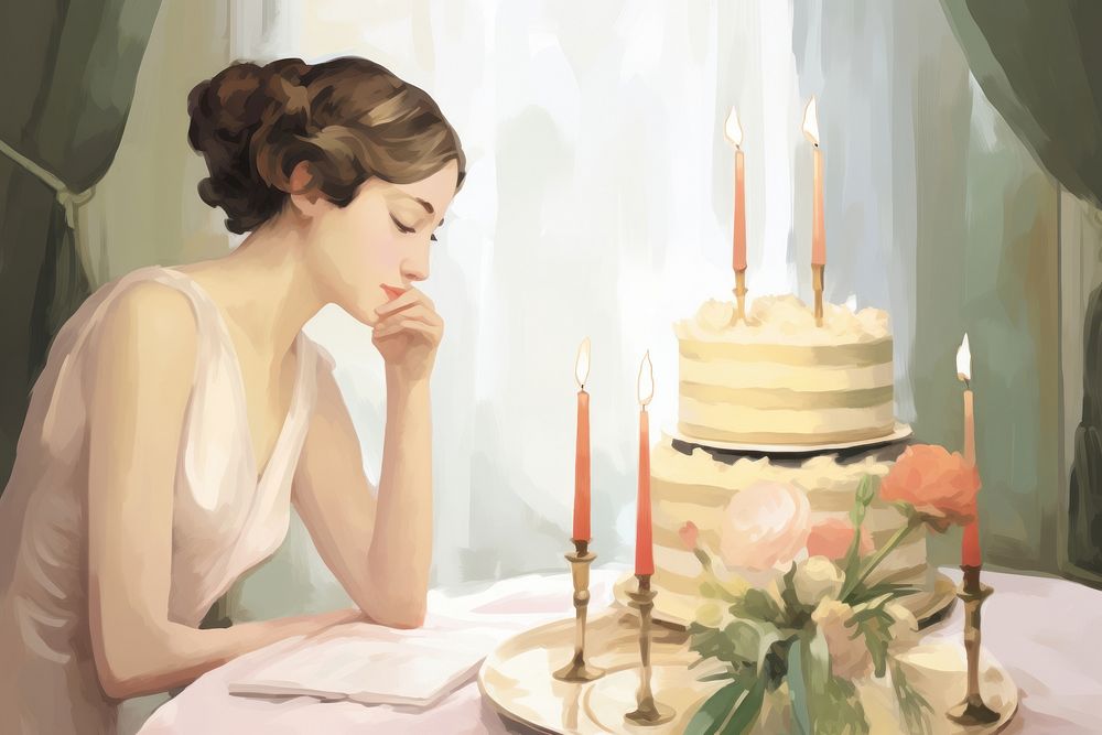 Illustration of woman celebration on birthday painting dessert candle.