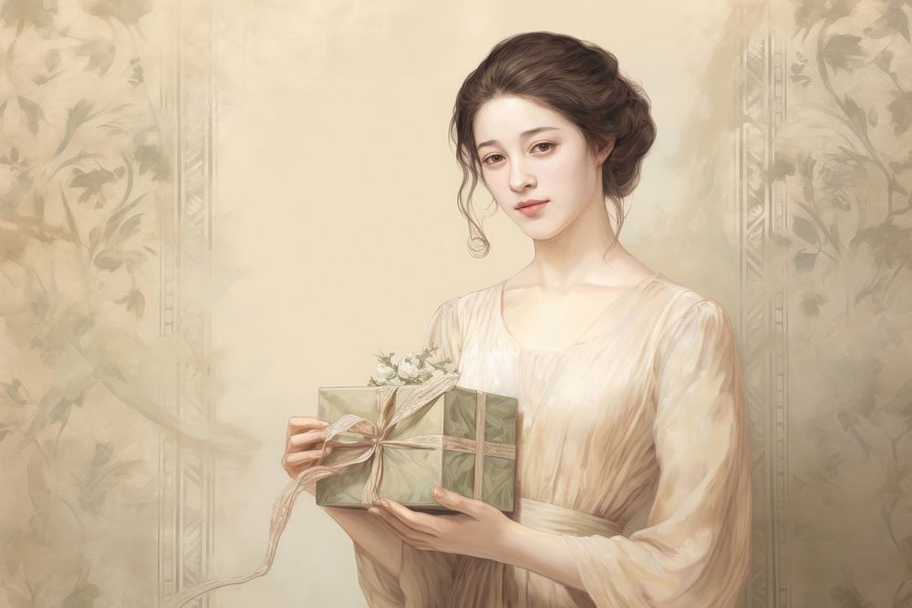 Illustration of woman hold gift box painting adult art.