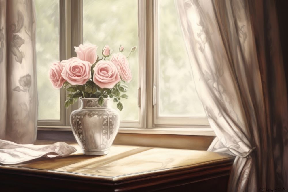 Illustration of vase with rose window windowsill furniture.