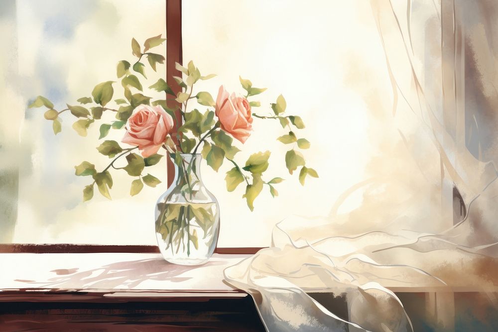Illustration of vase with rose painting window art.