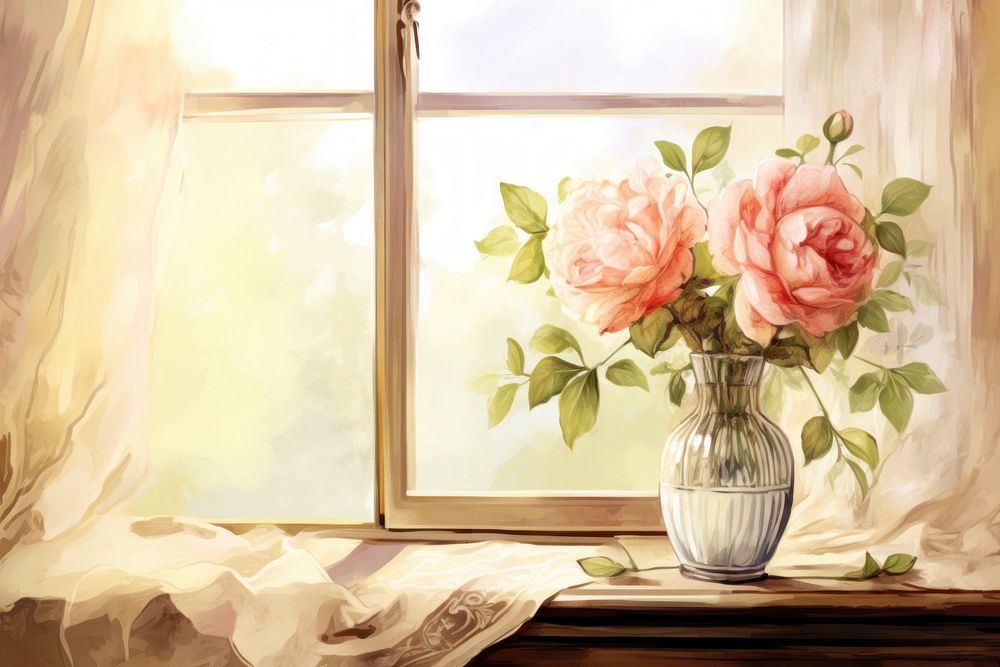 Illustration of vase with rose painting window art.