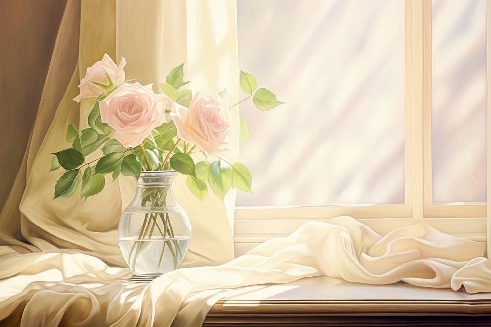 Illustration of vase with rose window windowsill painting.