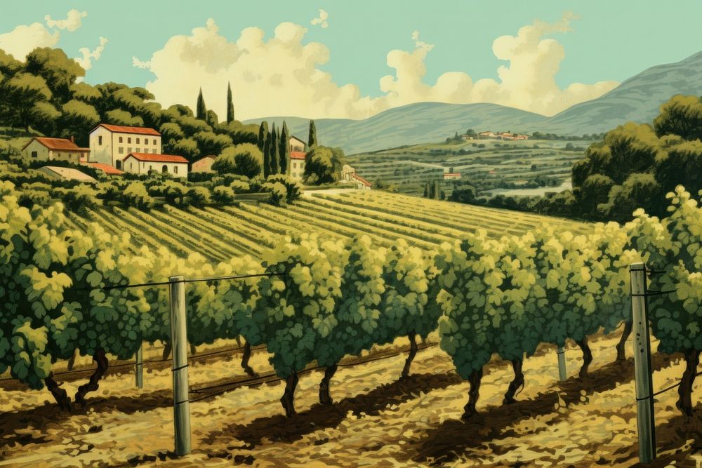 Illustration of vineyards outdoors painting nature.