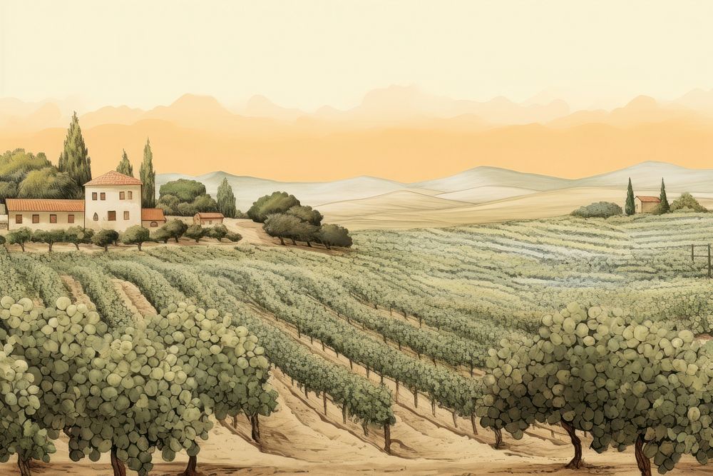 Illustration of vineyards landscape outdoors painting.