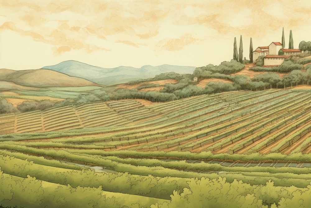 Illustration of vineyards agriculture landscape outdoors.