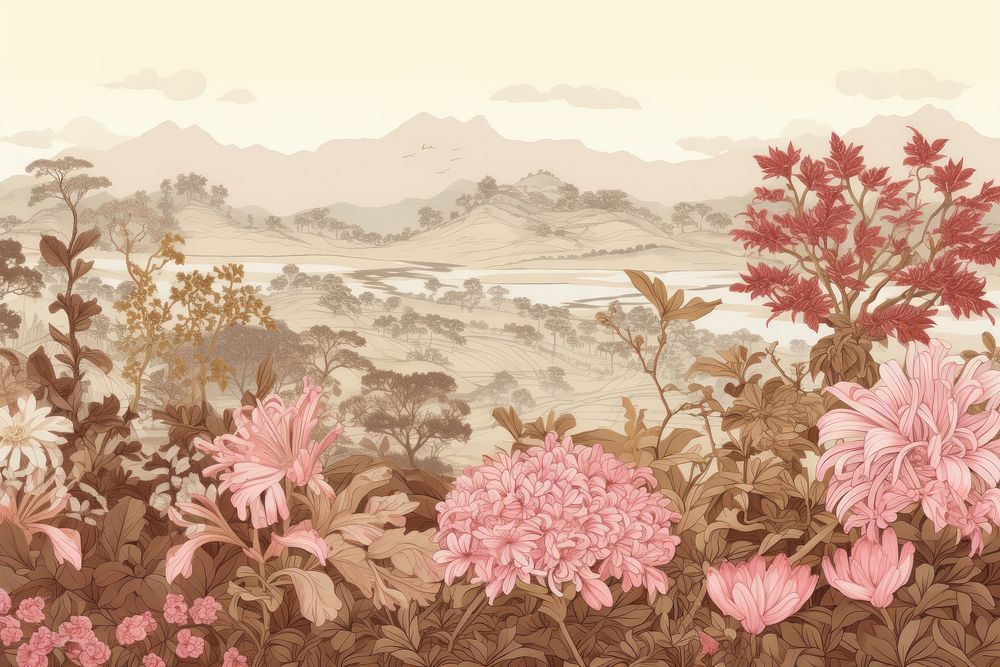 Oriental toile art style with natural color flower field landscape outdoors plant.