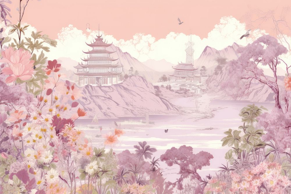 Oriental toile art style with pastel flower field landscape outdoors painting.