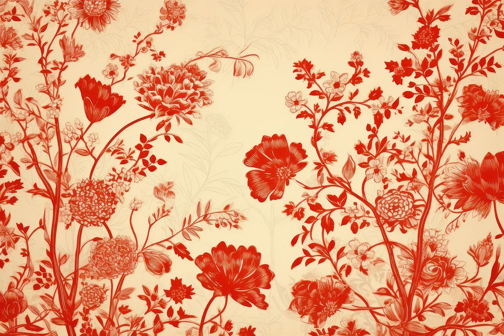 Oriental toile art style with red flower field pattern backgrounds creativity.