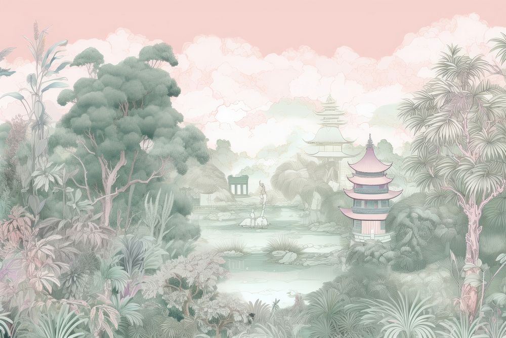 Solid oriental toile art style with pastel forest landscape outdoors nature.