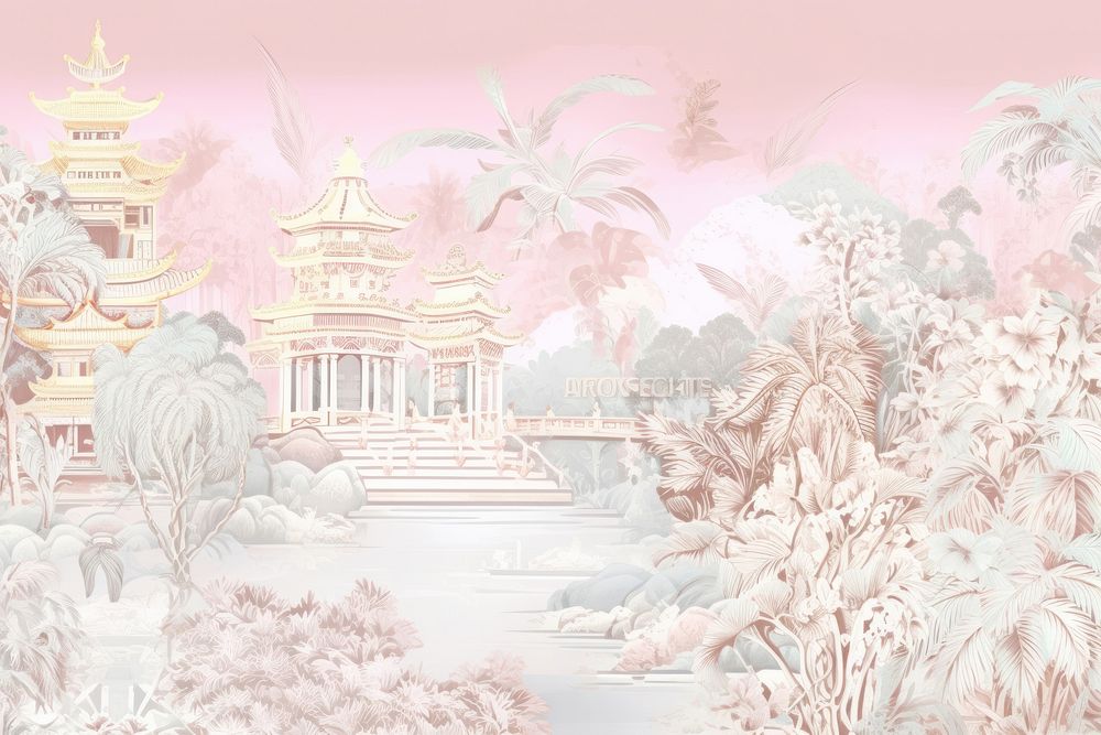 Oriental toile art style with pastel heaven outdoors nature architecture.
