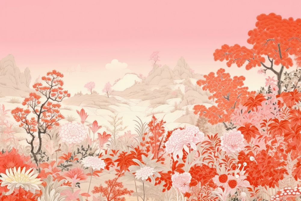 Oriental toile art style with natural color flower field landscape pattern plant.